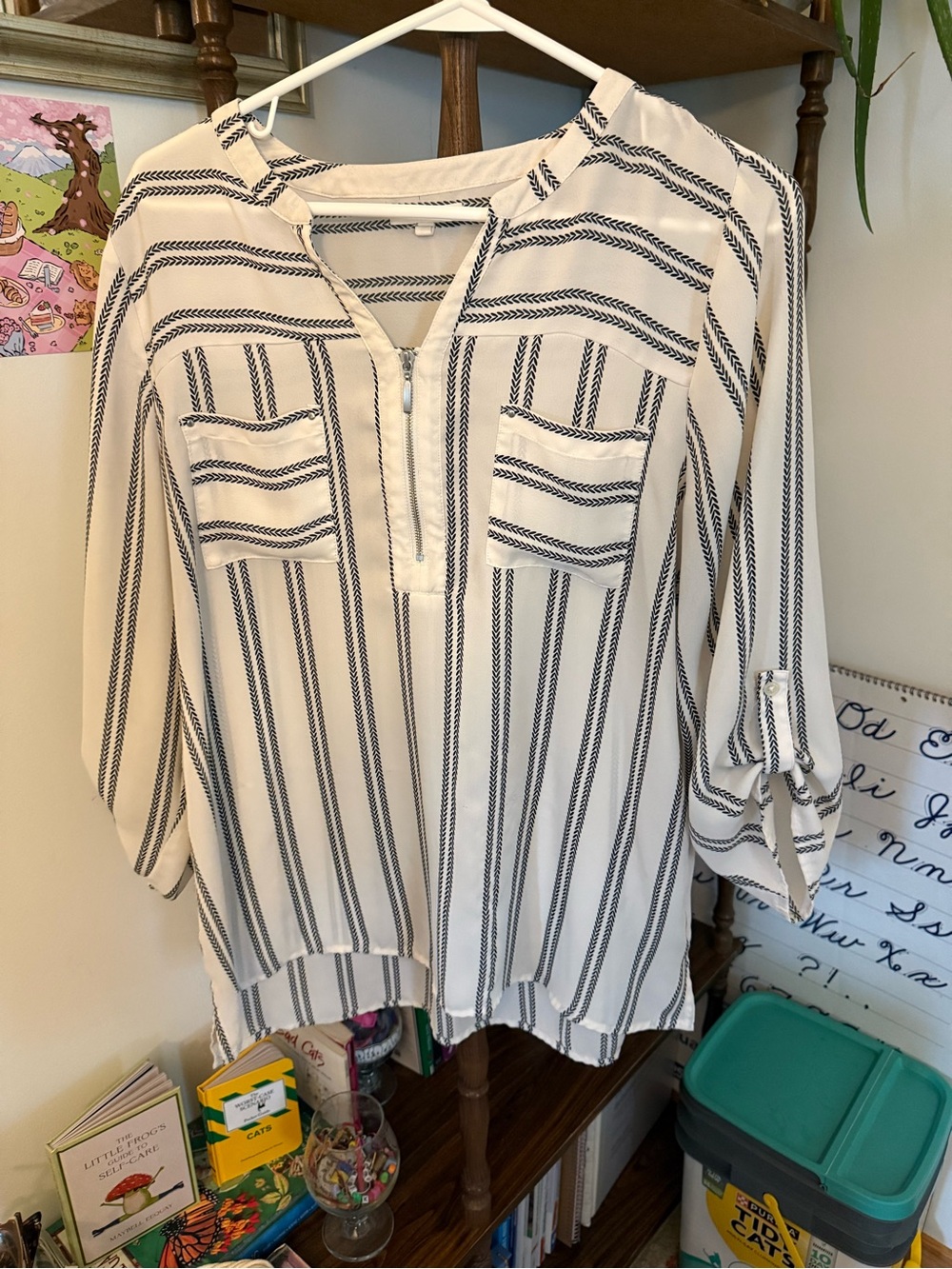 Maurices White Blouse with black Vertical Stripes
